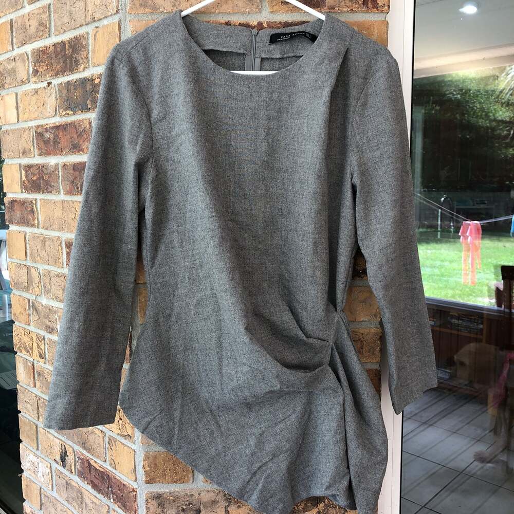Zara Woman Grey Wool Blend Asymmetric Long Sleeve Top